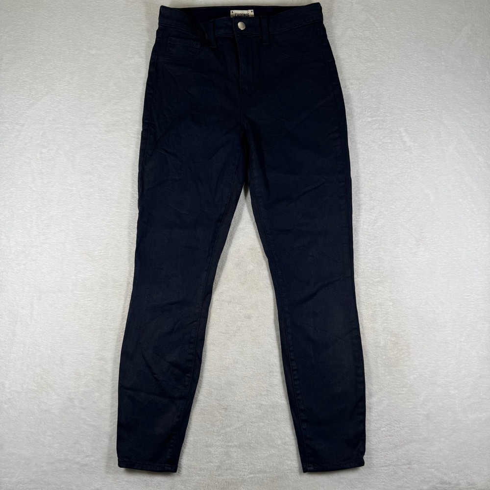 L'AGENCE Margot High Rise Skinny Jeans 27 Navy Coated Waxed Denim Made in USA
